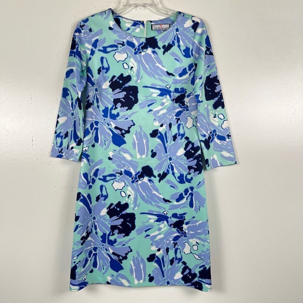 CK Bradley Floral Shift Dress Women's Small Blue Mint Green Abstract 3/4 Sleeves
